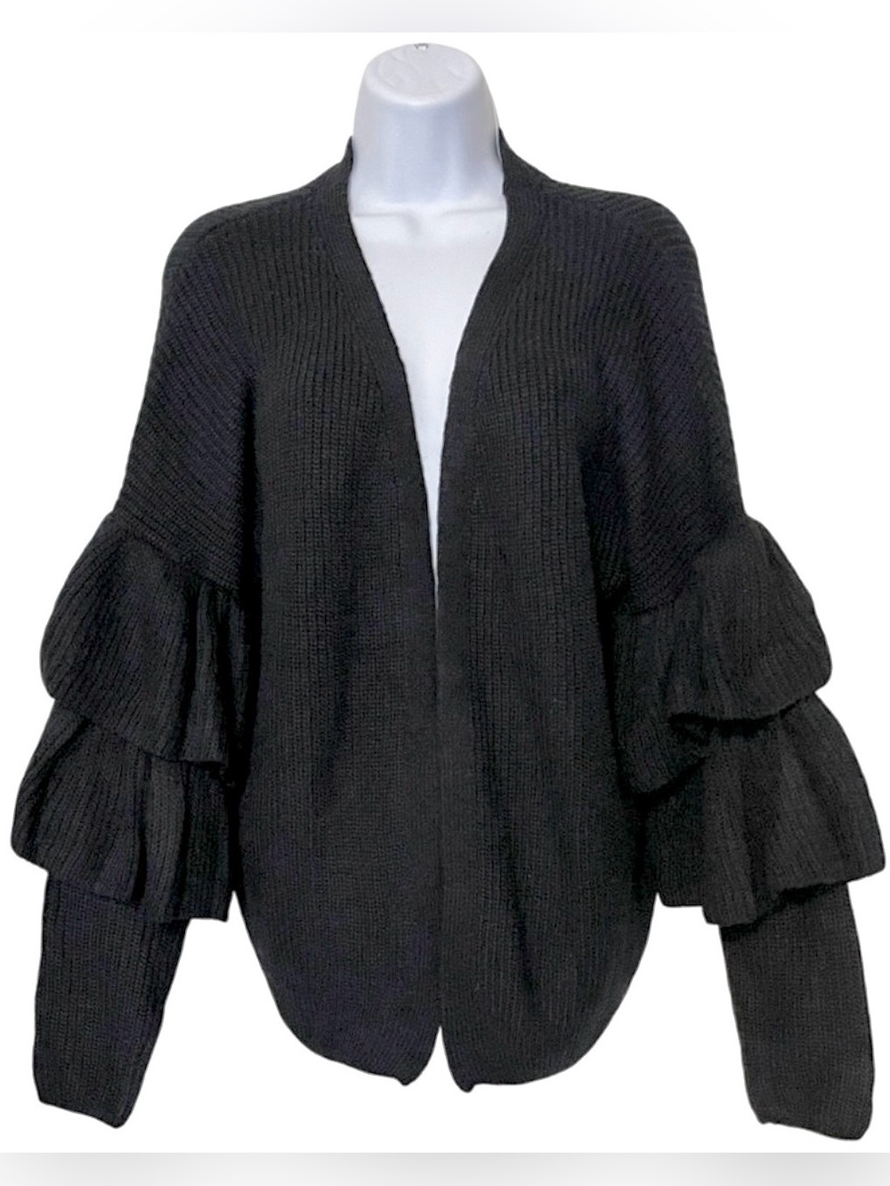 New Mode Usa Women Black Ruffled-Sleeve Open Front Cardigan Sweater  Size S/M